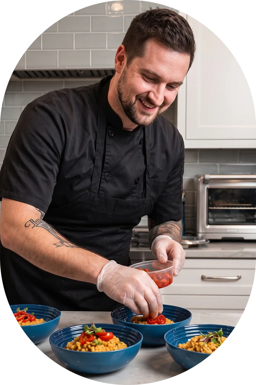 Chef garnishing couscous bowls in a home kitchen