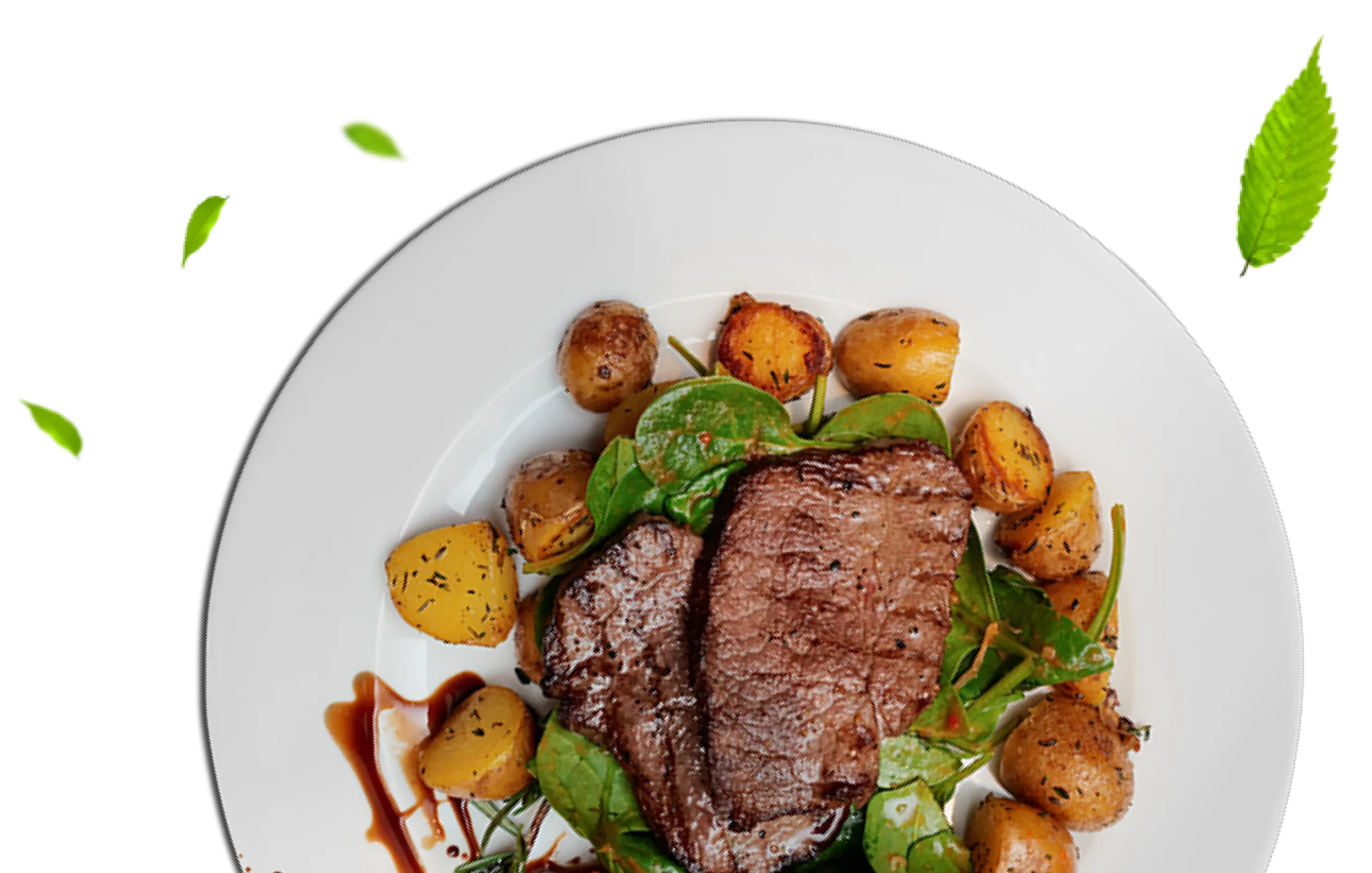 Steak with roasted potatoes and greens