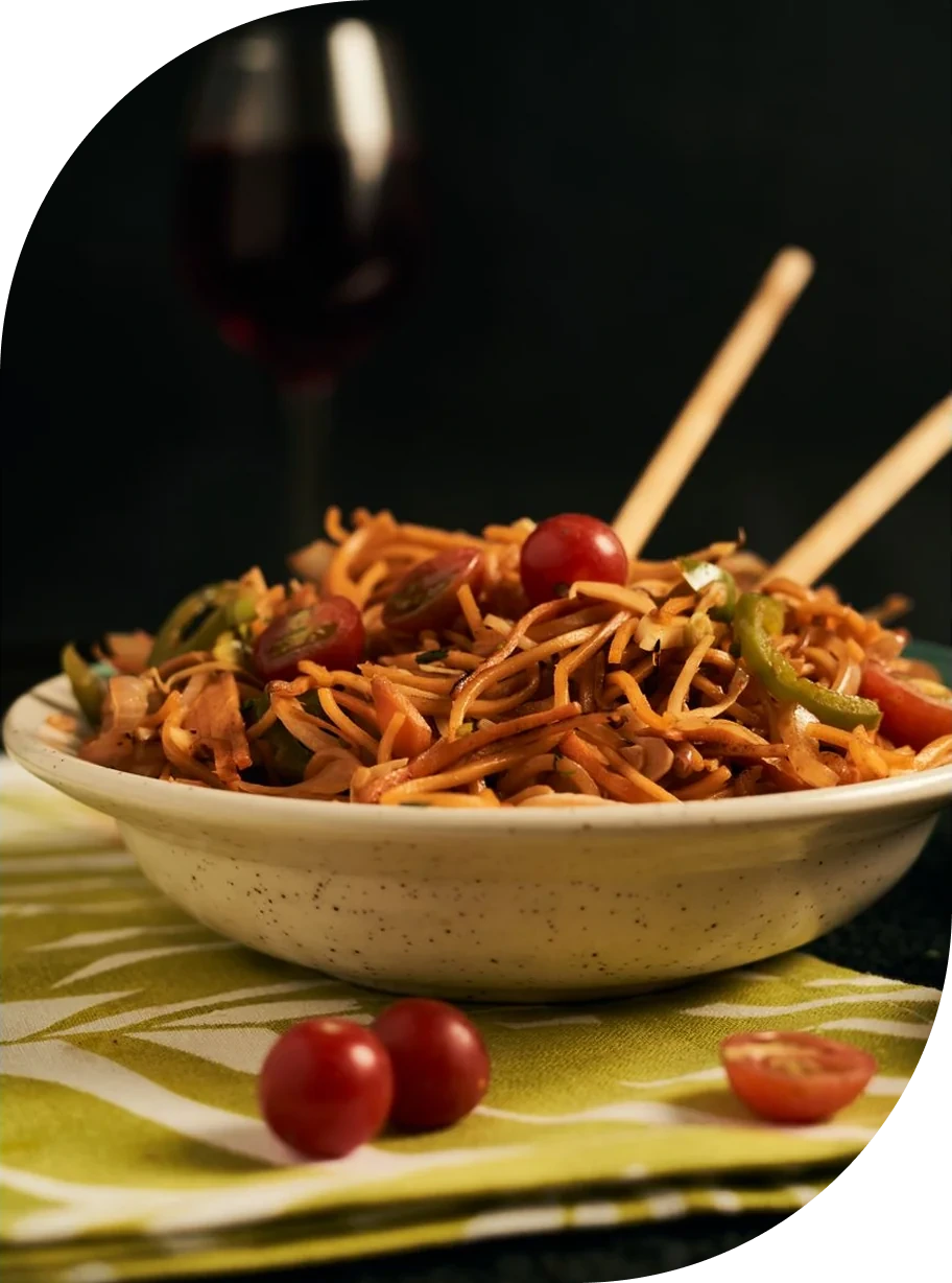Noodles served in a bowl