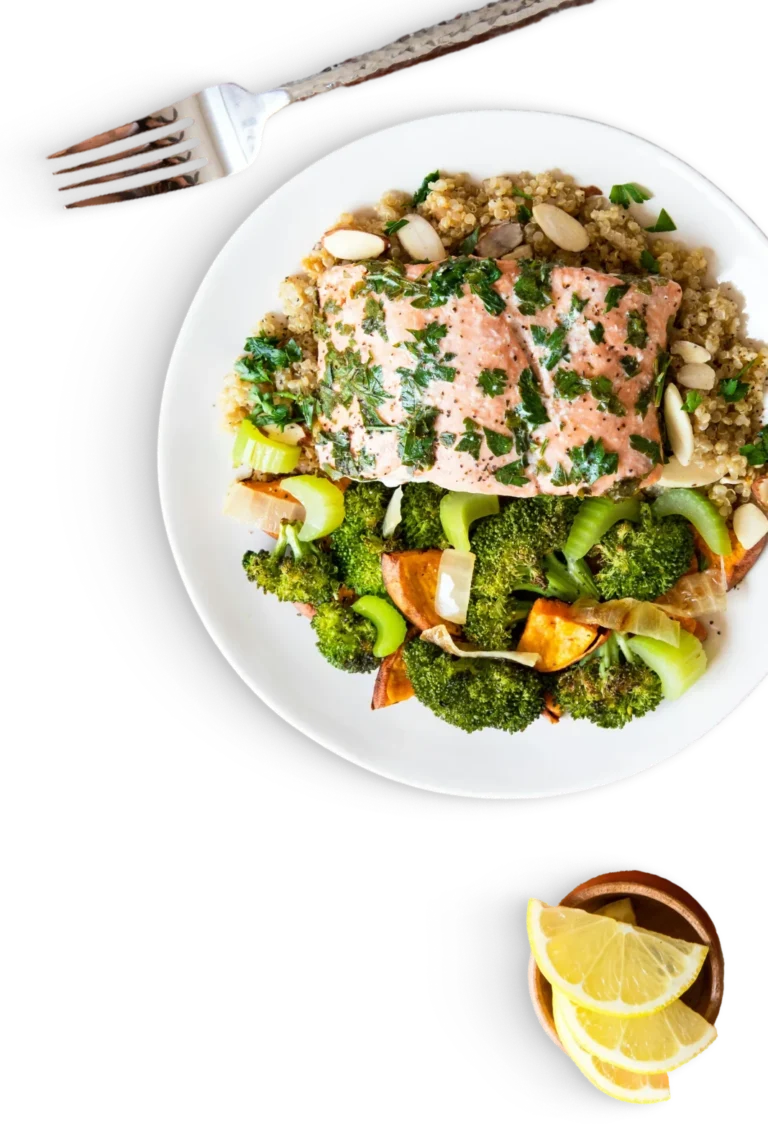 Salmon with grains and broccoli, served with tea