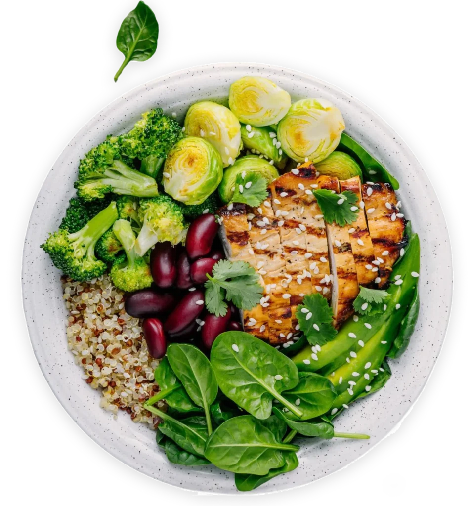 A grain bowl with salmon, brussels sprouts and spinach