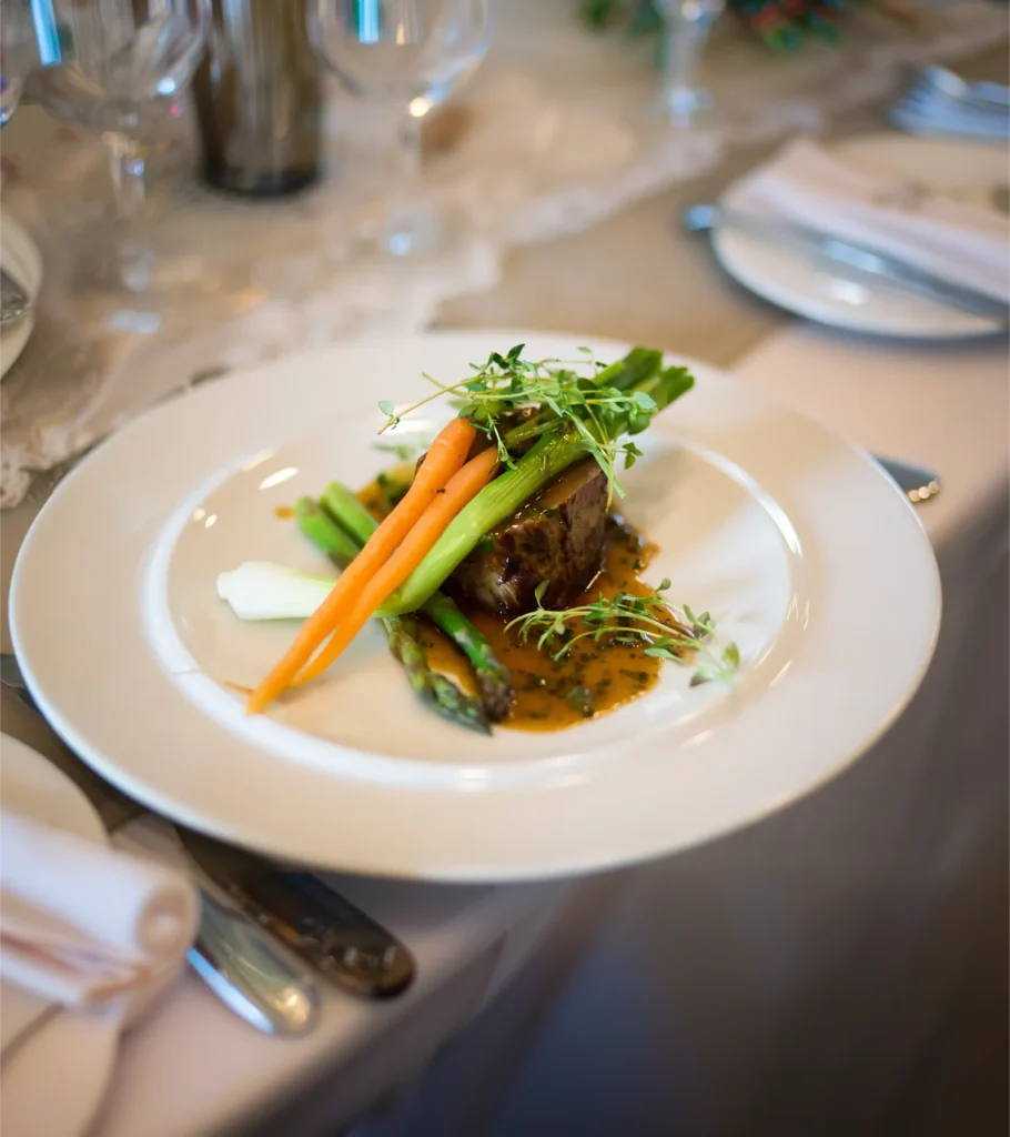 A plated main course served at a set table