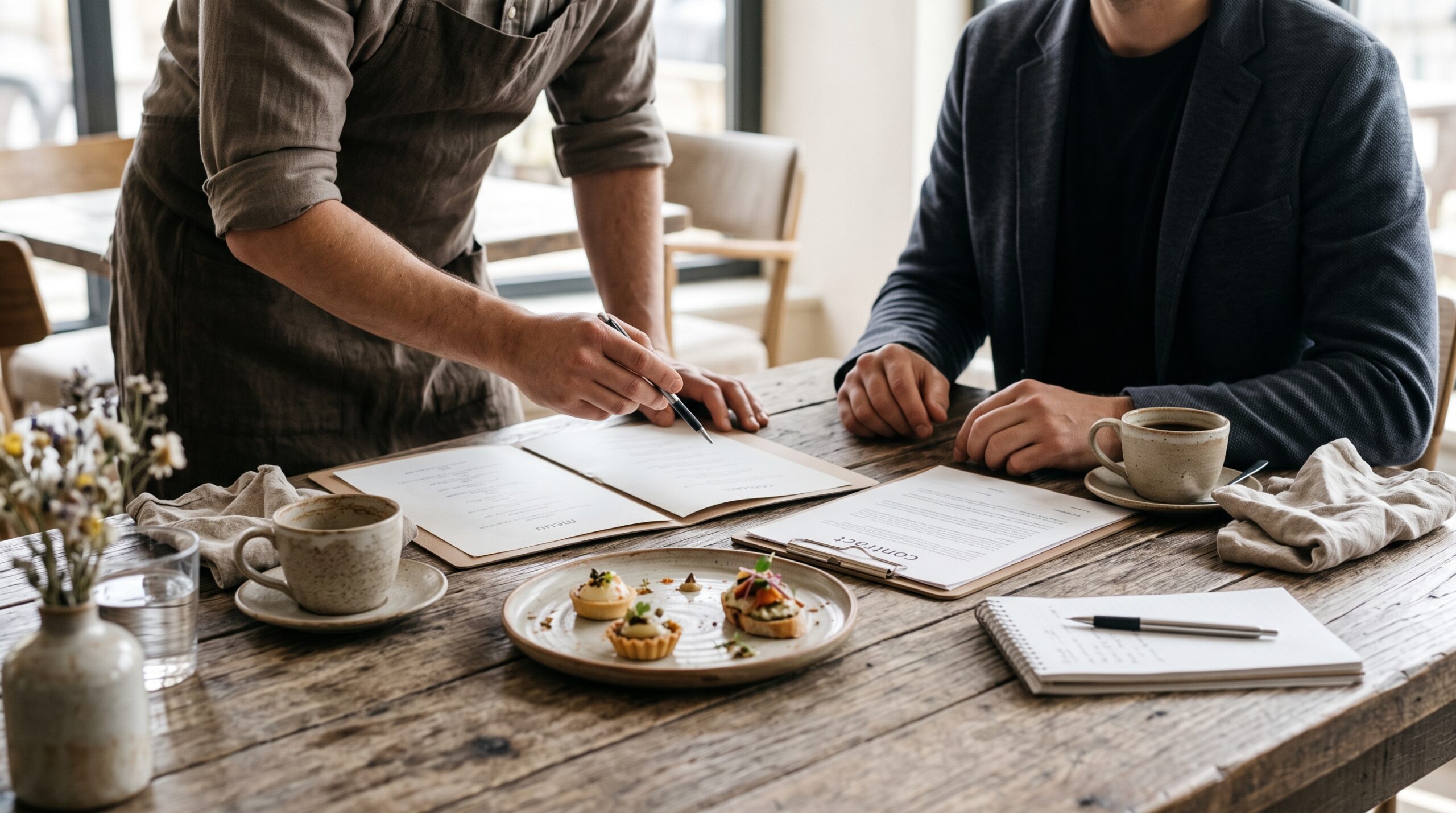 Caterer and client reviewing a menu and contract across a table with a tasting plate