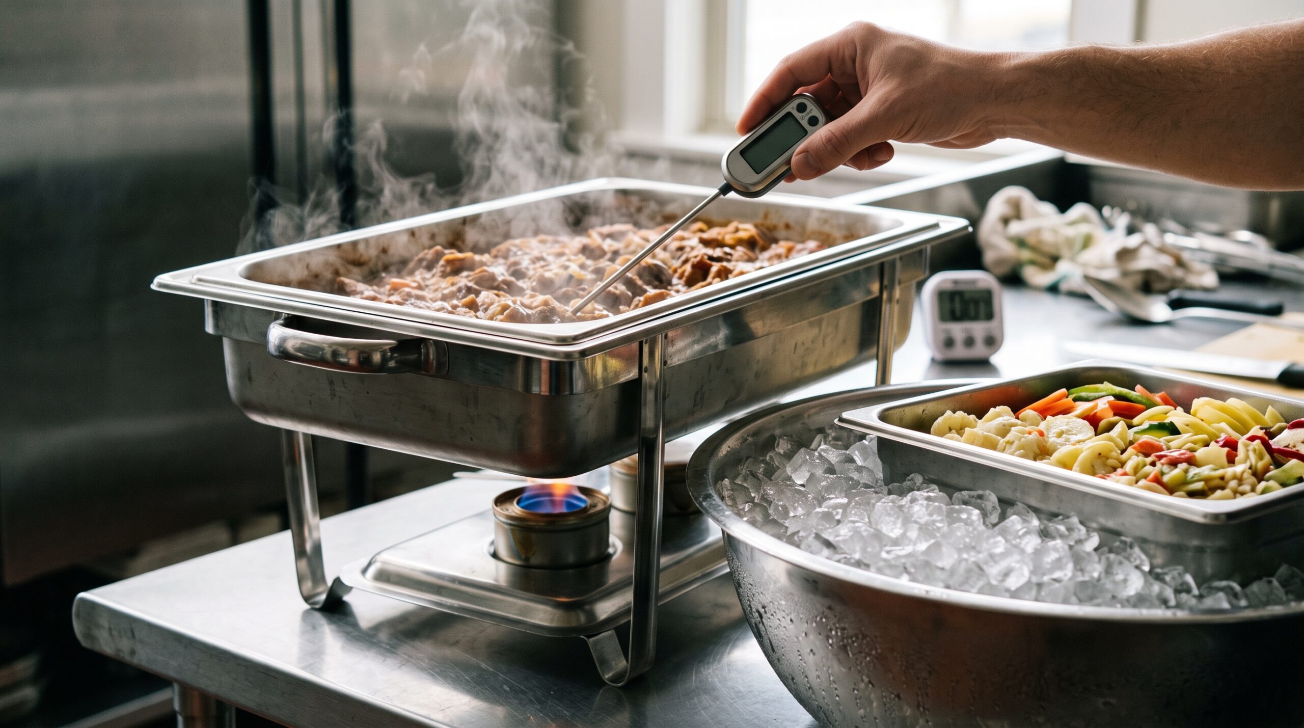Chafing dish with a warming fuel cup, a tray on ice, and a hand holding a probe thermometer