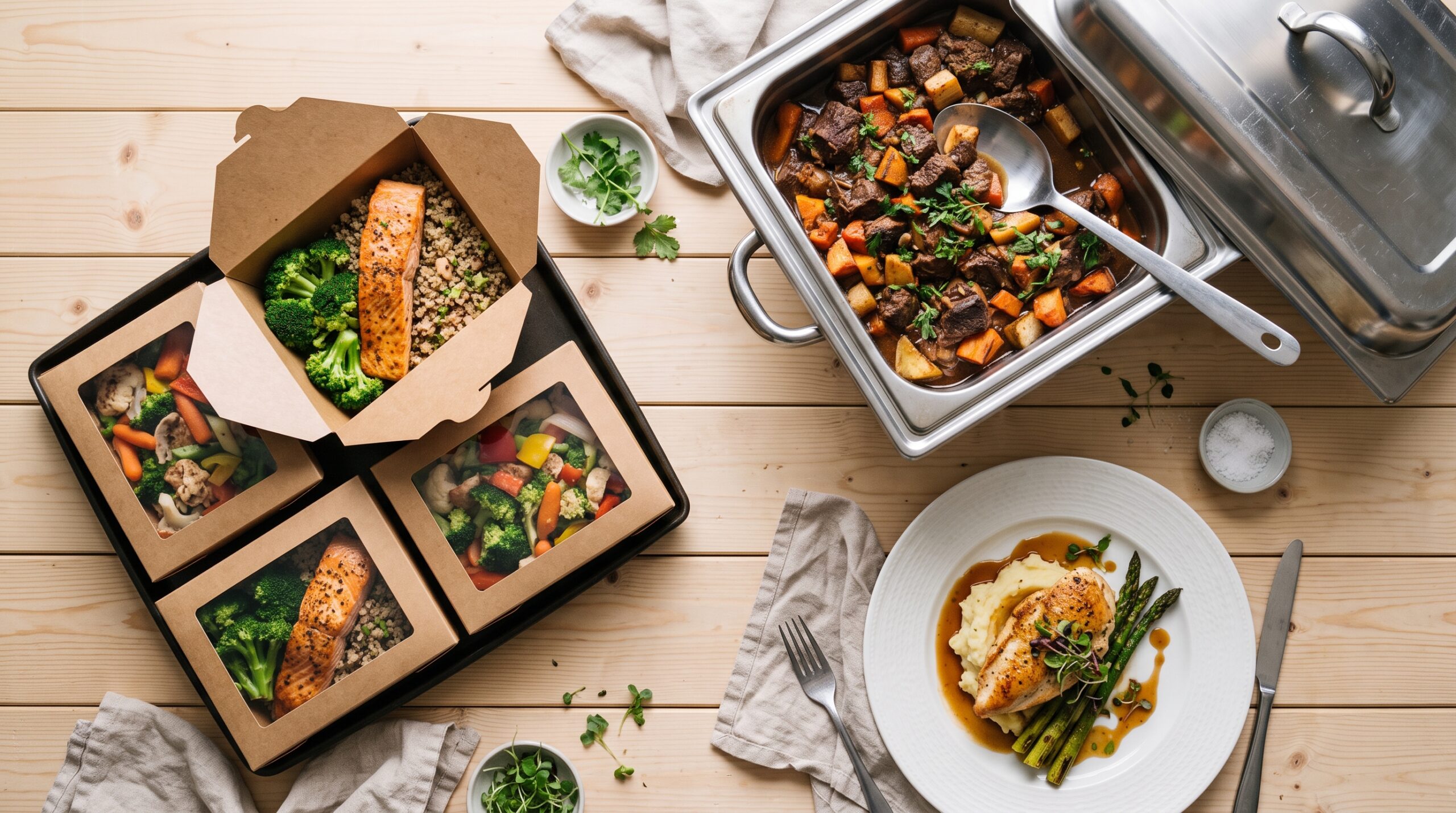 Overhead view of boxed meals, a chafing dish, and a plated entree showing three catering service stylesTitle: Group Catering Service Styles