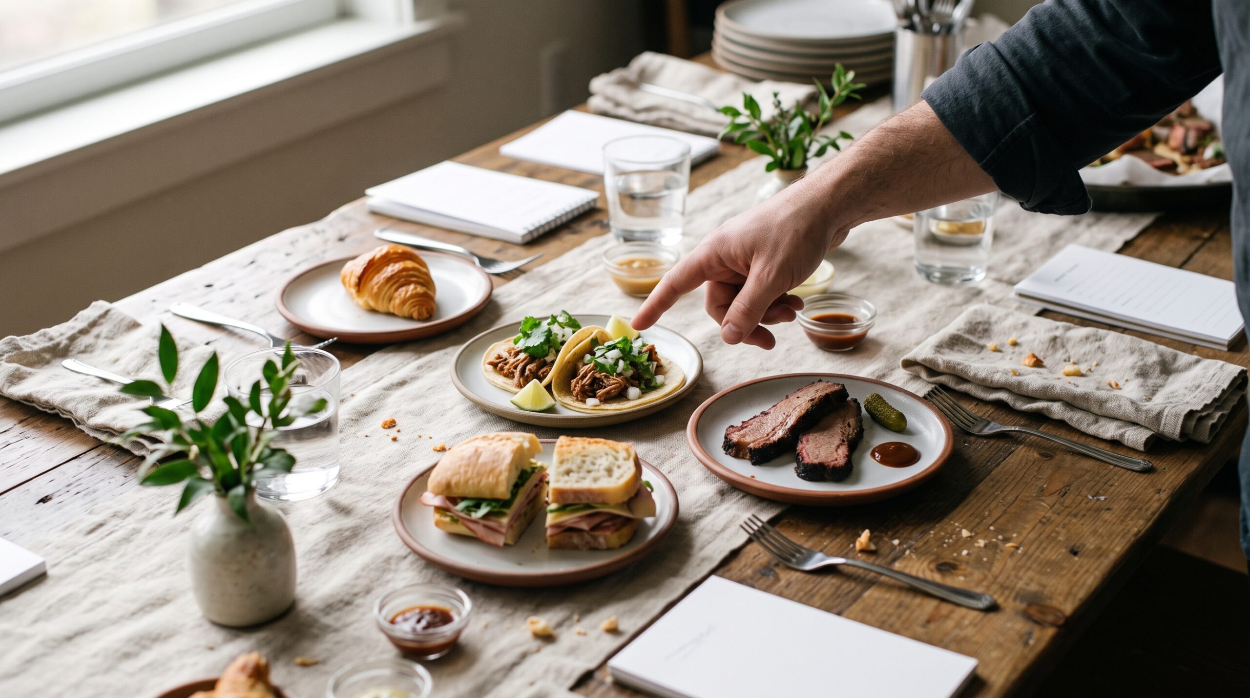 Tasting table with small plates of tacos, brisket, a sandwich, and a croissant with a hand pointing to one