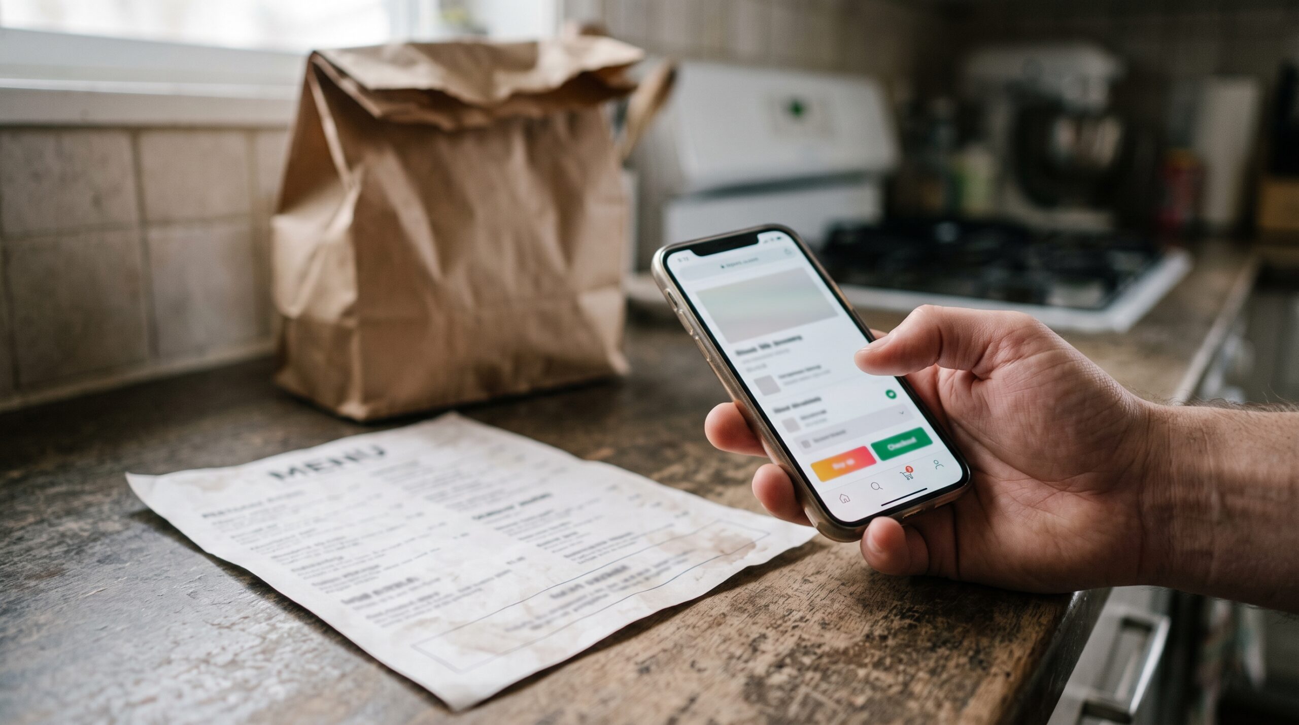 Hand holding a smartphone with an online order form beside a one-page menu and a delivery bag
