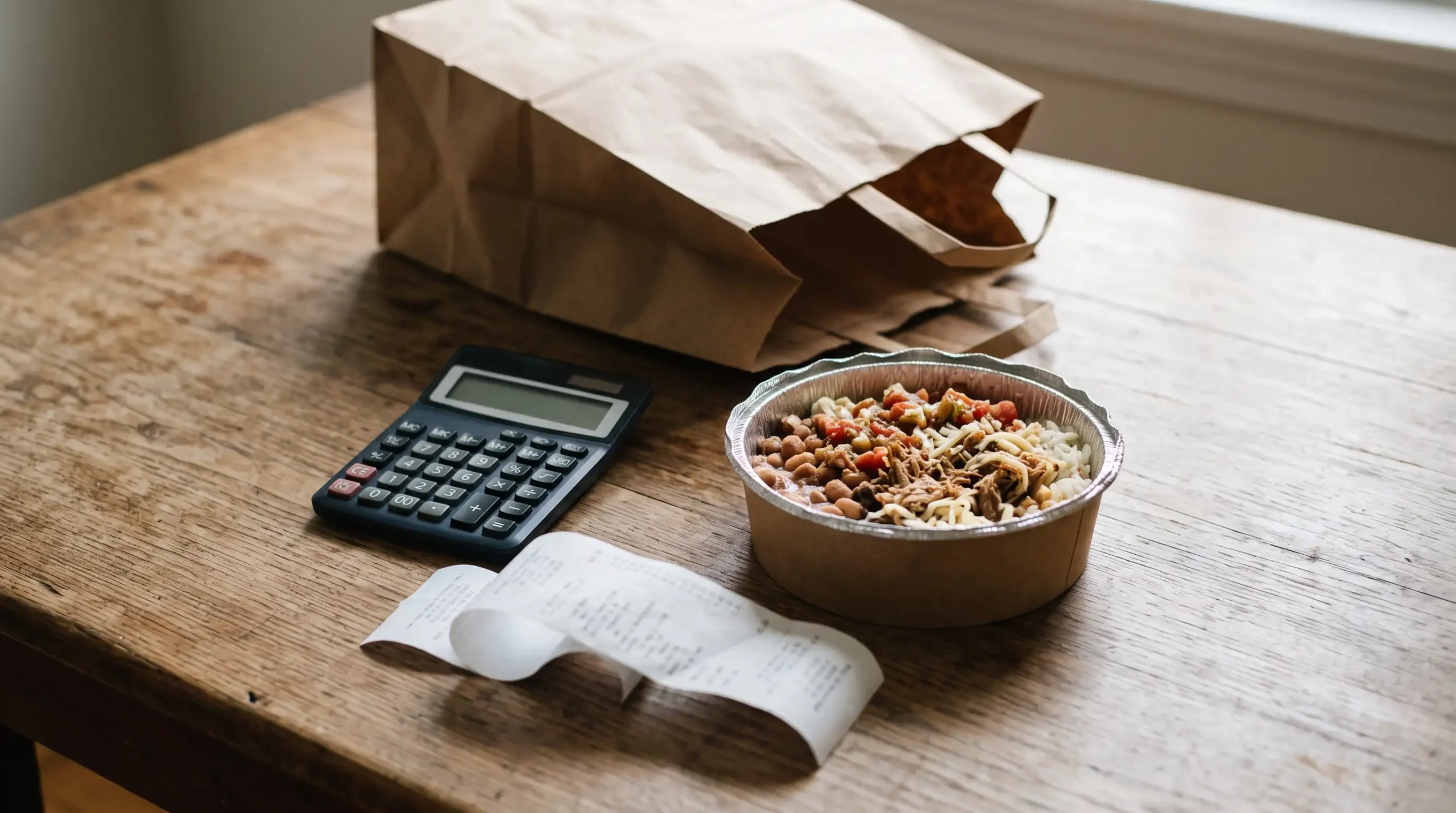 Calculator, takeout bowl, delivery bag, and receipt on a wooden table representing catering cost