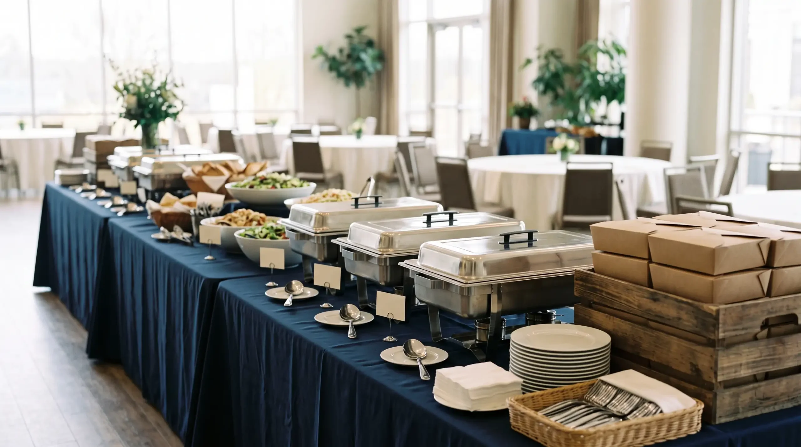 Group catering buffet with chafing dishes, serving trays, and boxed lunches in a bright event room