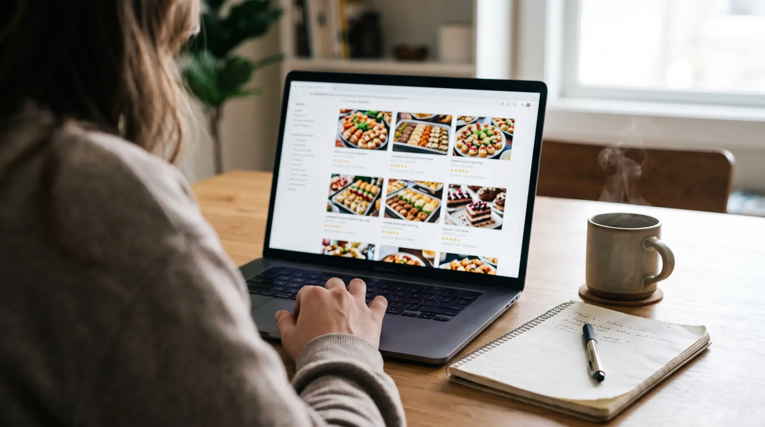 Person searching caterer photos and reviews on a laptop beside a notepad and coffee