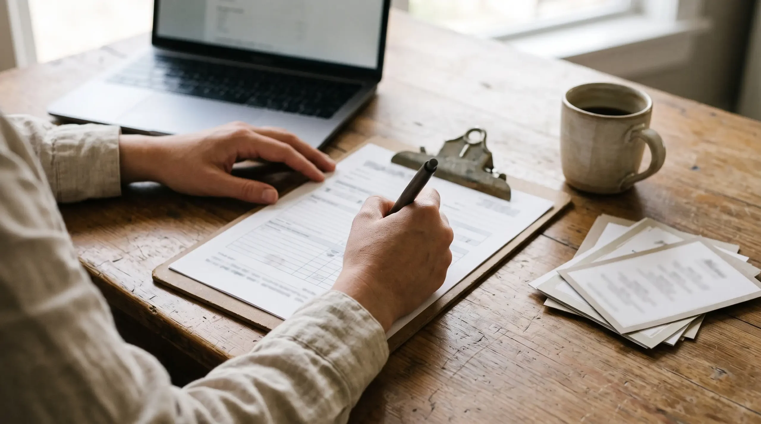 Event planner's hands holding a pen over a clipboard beside a laptop and menus on a wooden table