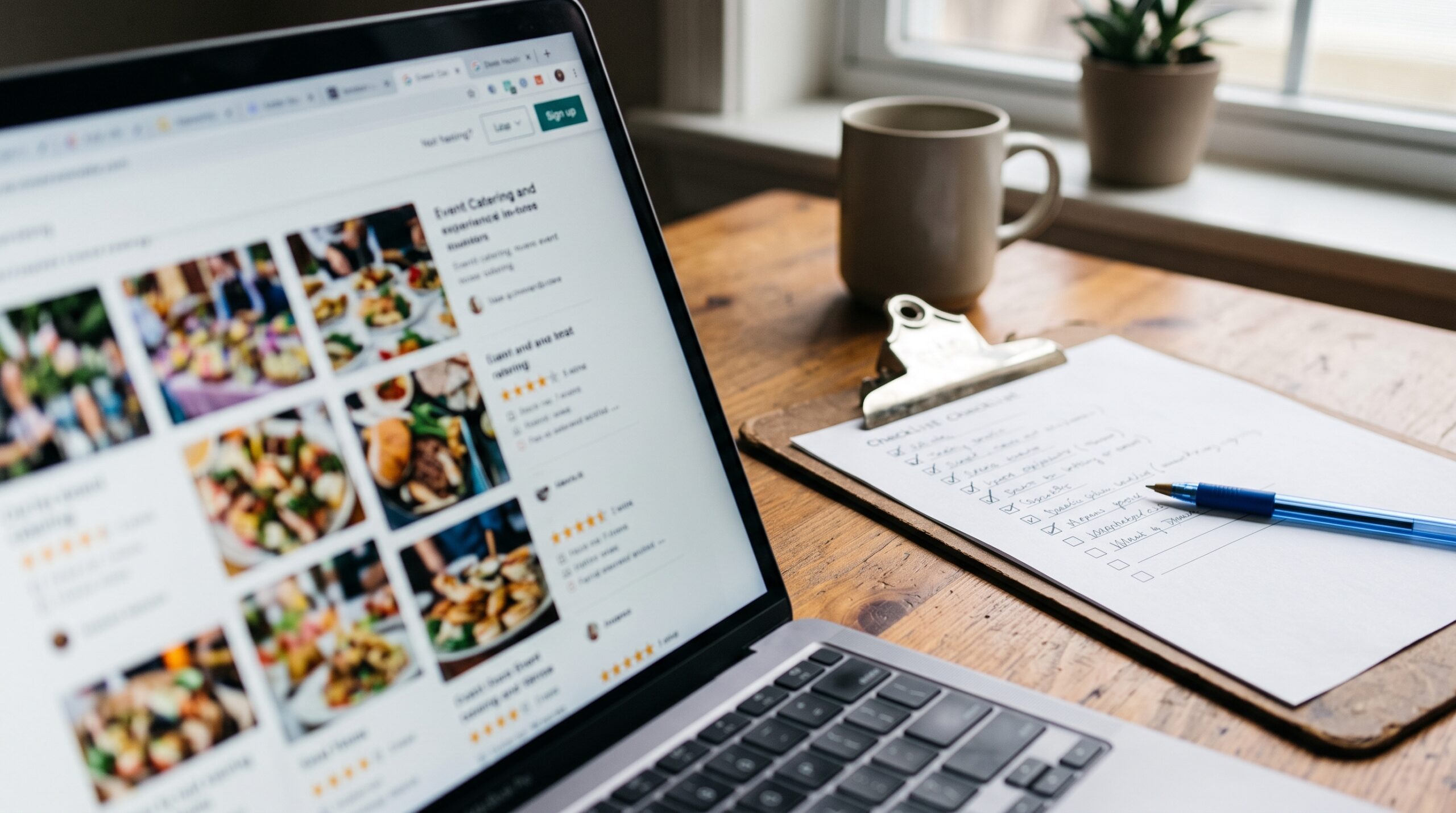 Laptop showing a caterer's photo gallery and reviews beside a clipboard checklist and a pen