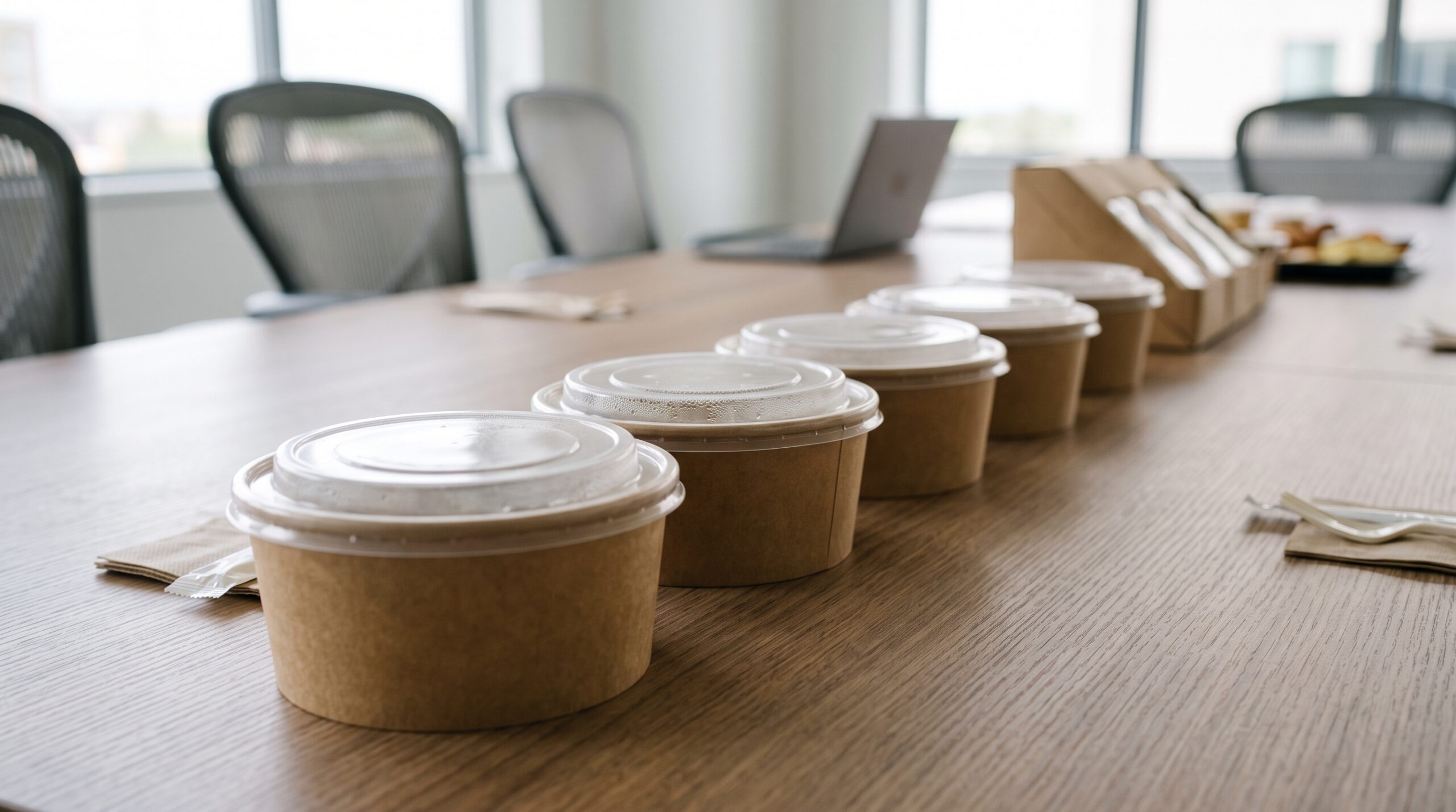 Row of identical takeout bowls on an office table with other catering dishes blurred behind