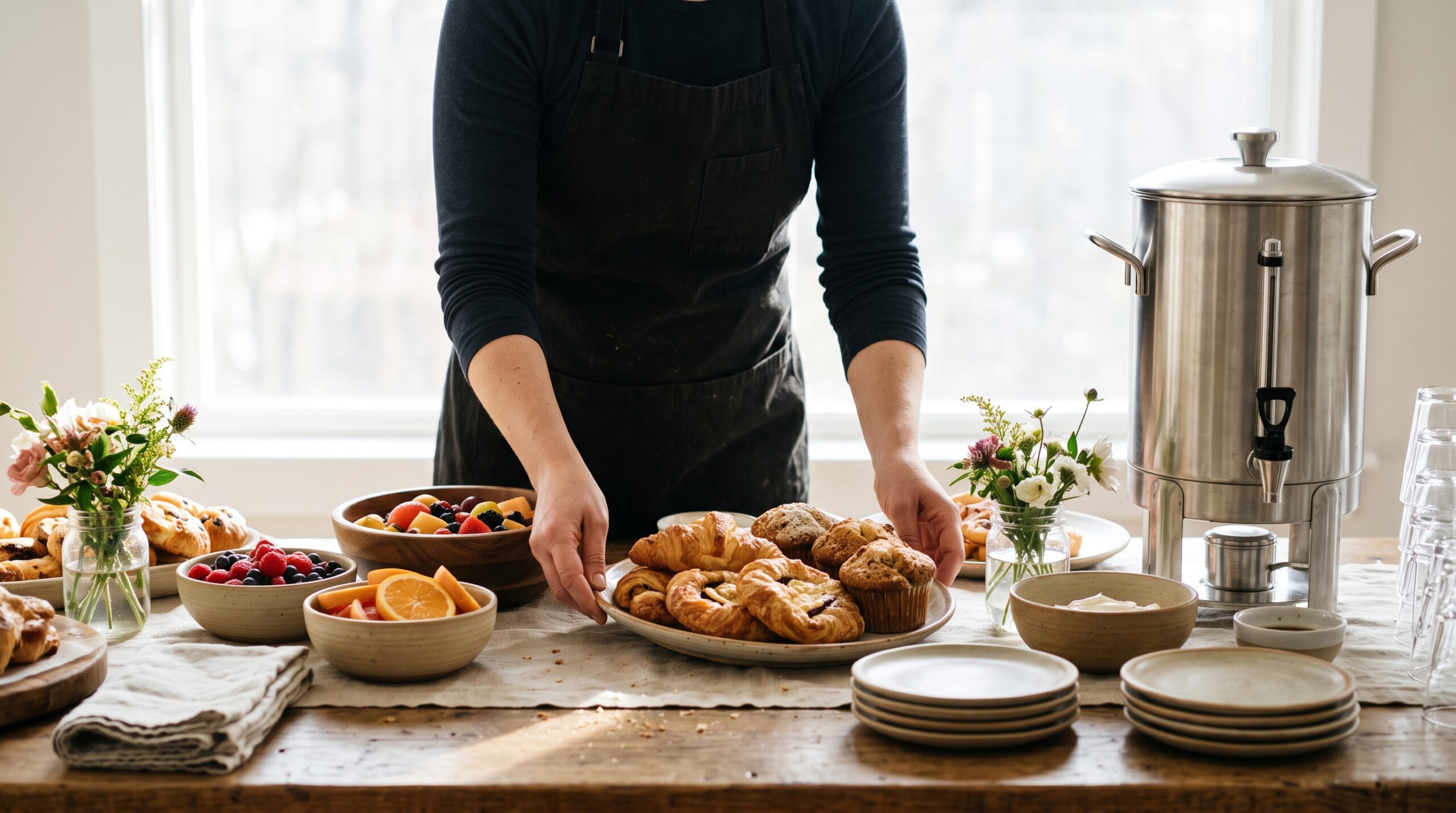 Caterer in a black apron arranging pastries, fruit, and a coffee urn on a morning brunch table