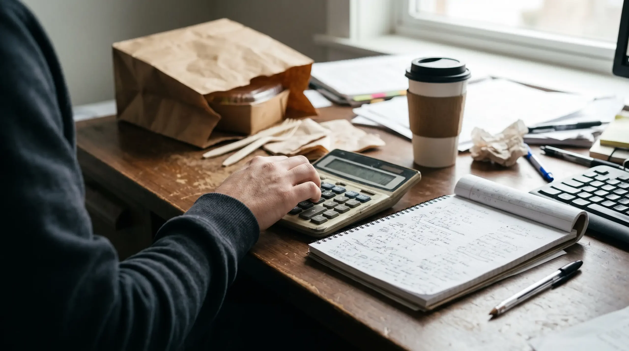 Hand using a calculator beside a notepad, a takeout order, and a coffee on a desk