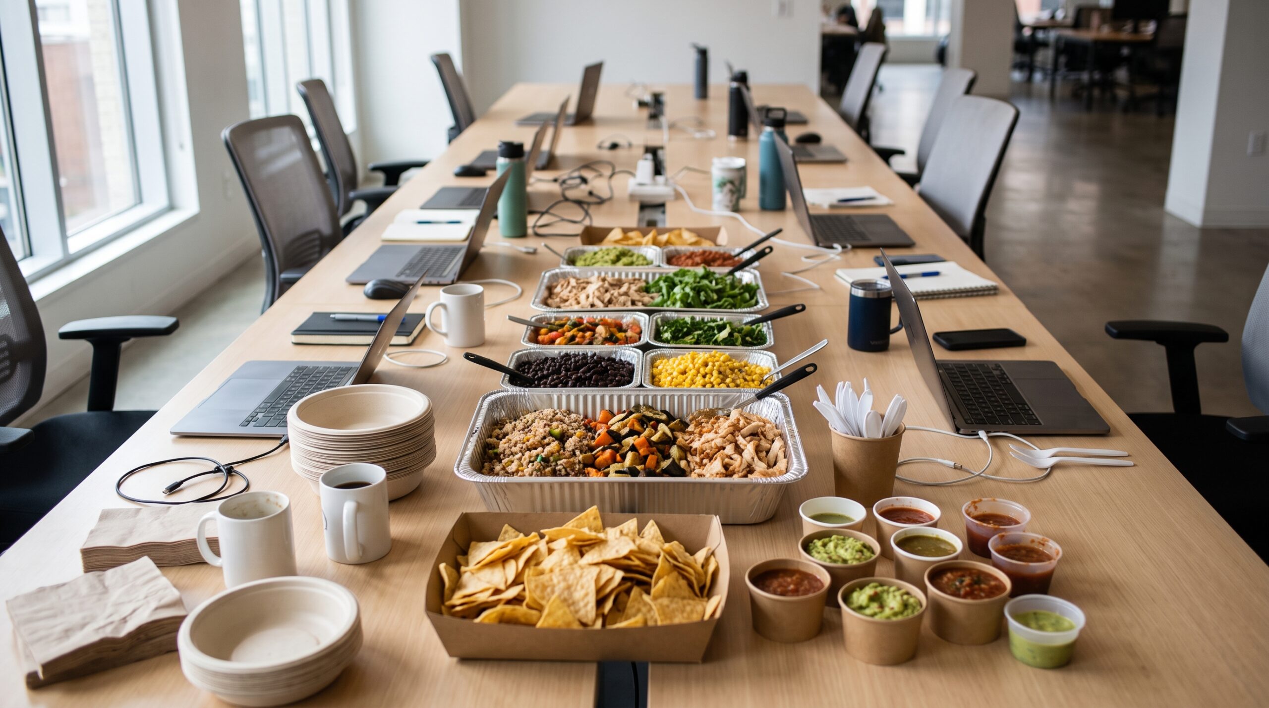 Office table with build-your-own bowls, chips, and sauce cups set out for a casual team lunch