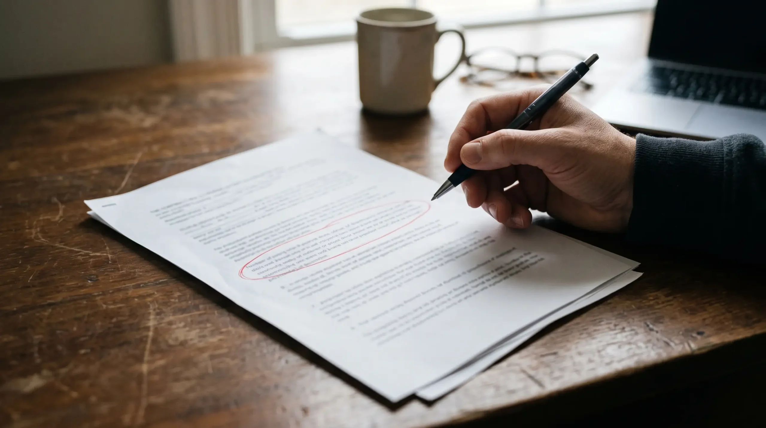 Hand holding a pen over a contract with one paragraph circled in red