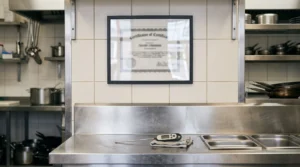 Framed license certificate on a commercial kitchen wall above a counter with a thermometer
