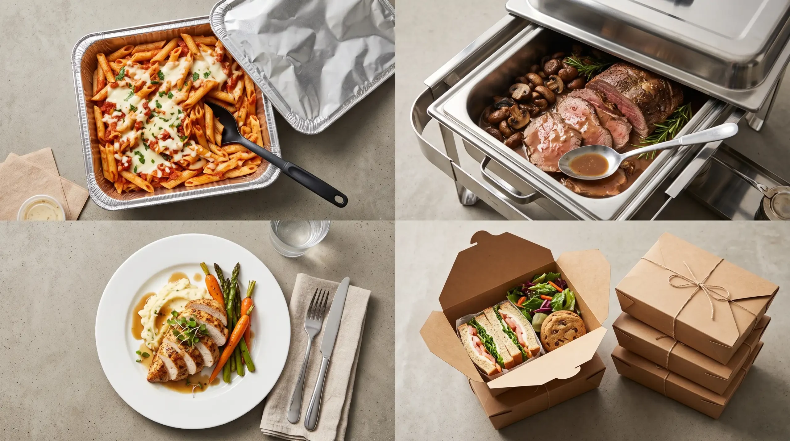 Overhead view of a drop-off tray, a chafing dish, a plated entree, and boxed meals