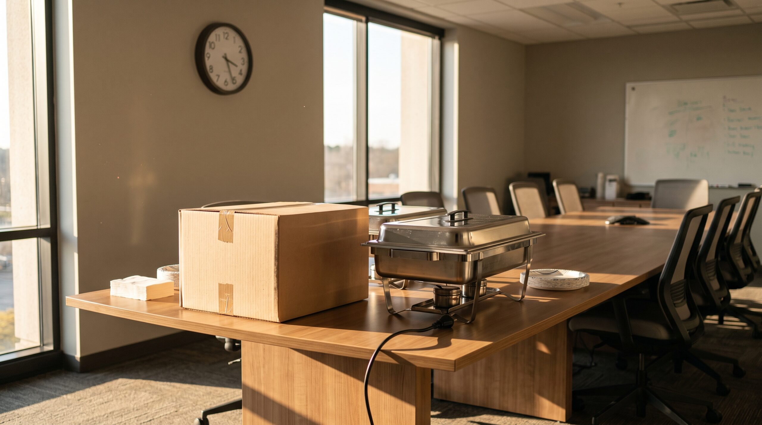 Food box and warming tray on an empty meeting room table beneath a wall clock