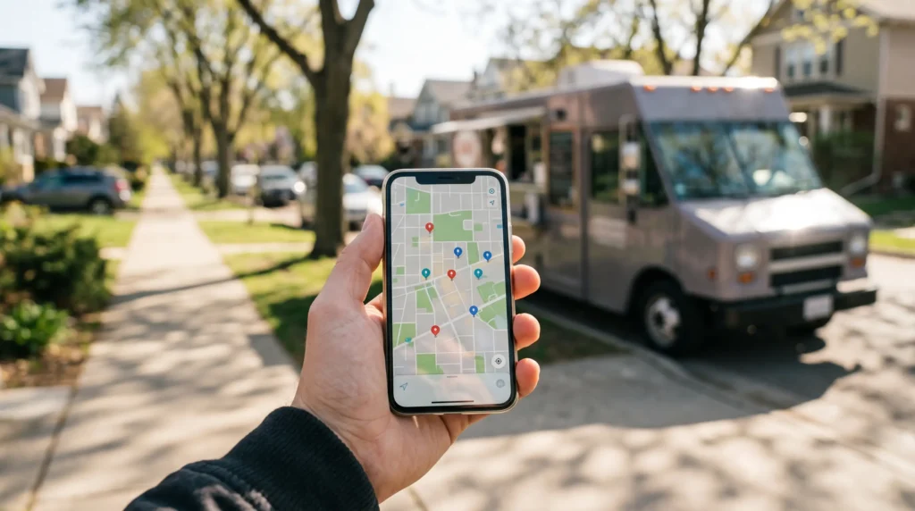 Hand holding a smartphone with a map and location pins in front of a parked catering van