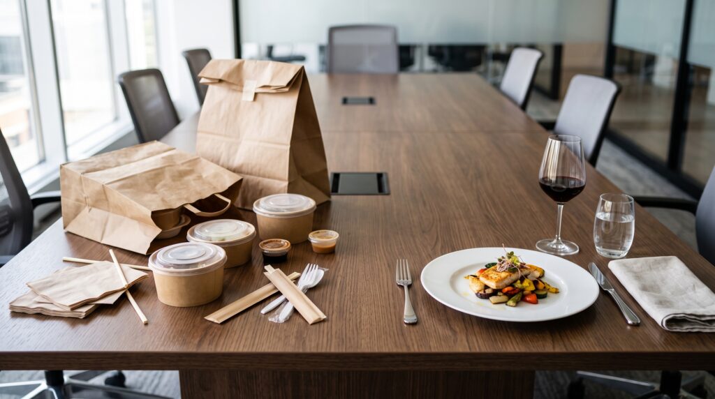 Conference table with takeout bowls and delivery bags on one side and a plated meal with silverware on the other