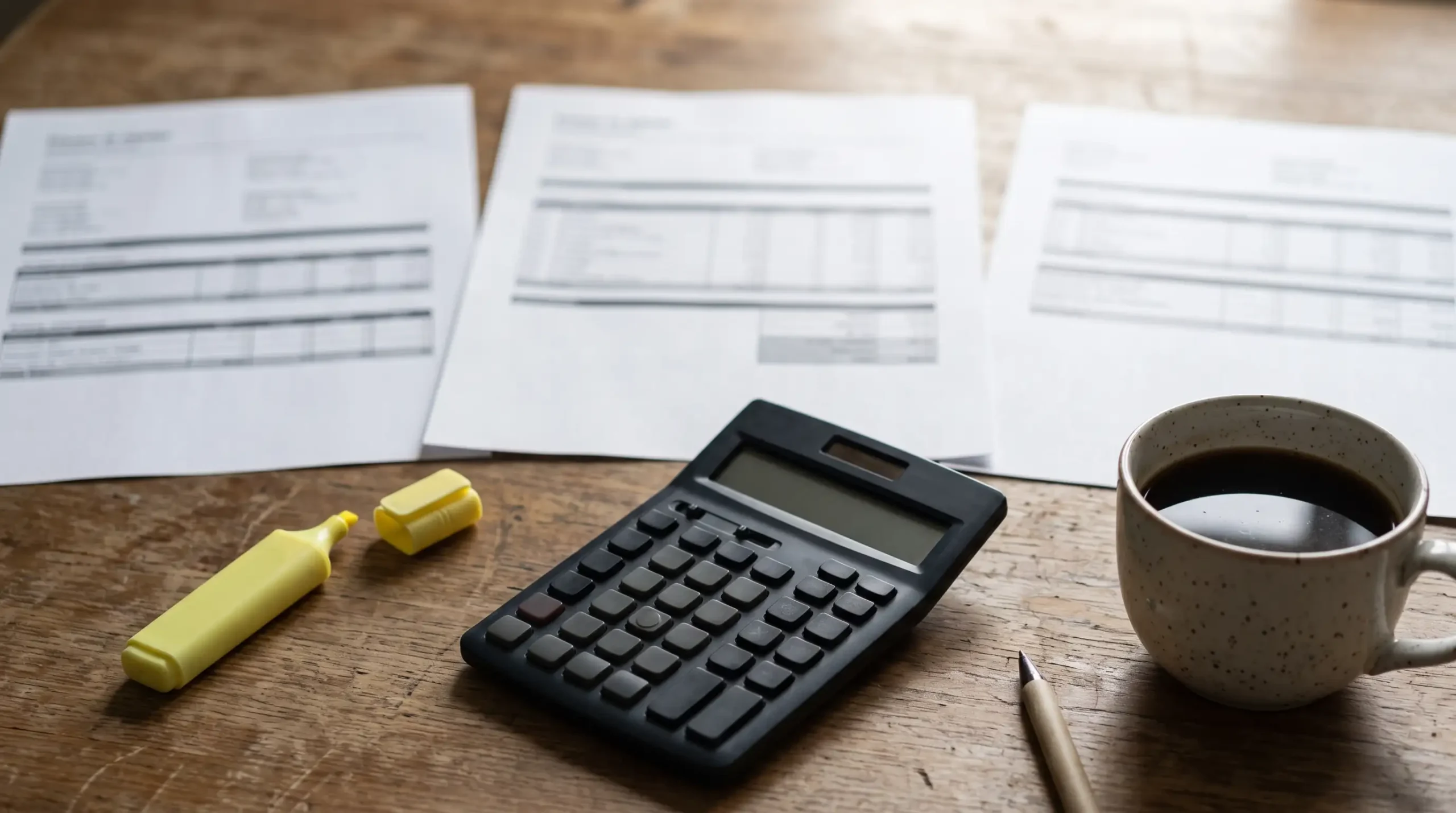 Three printed quote sheets side by side on a desk with a calculator and a highlighter