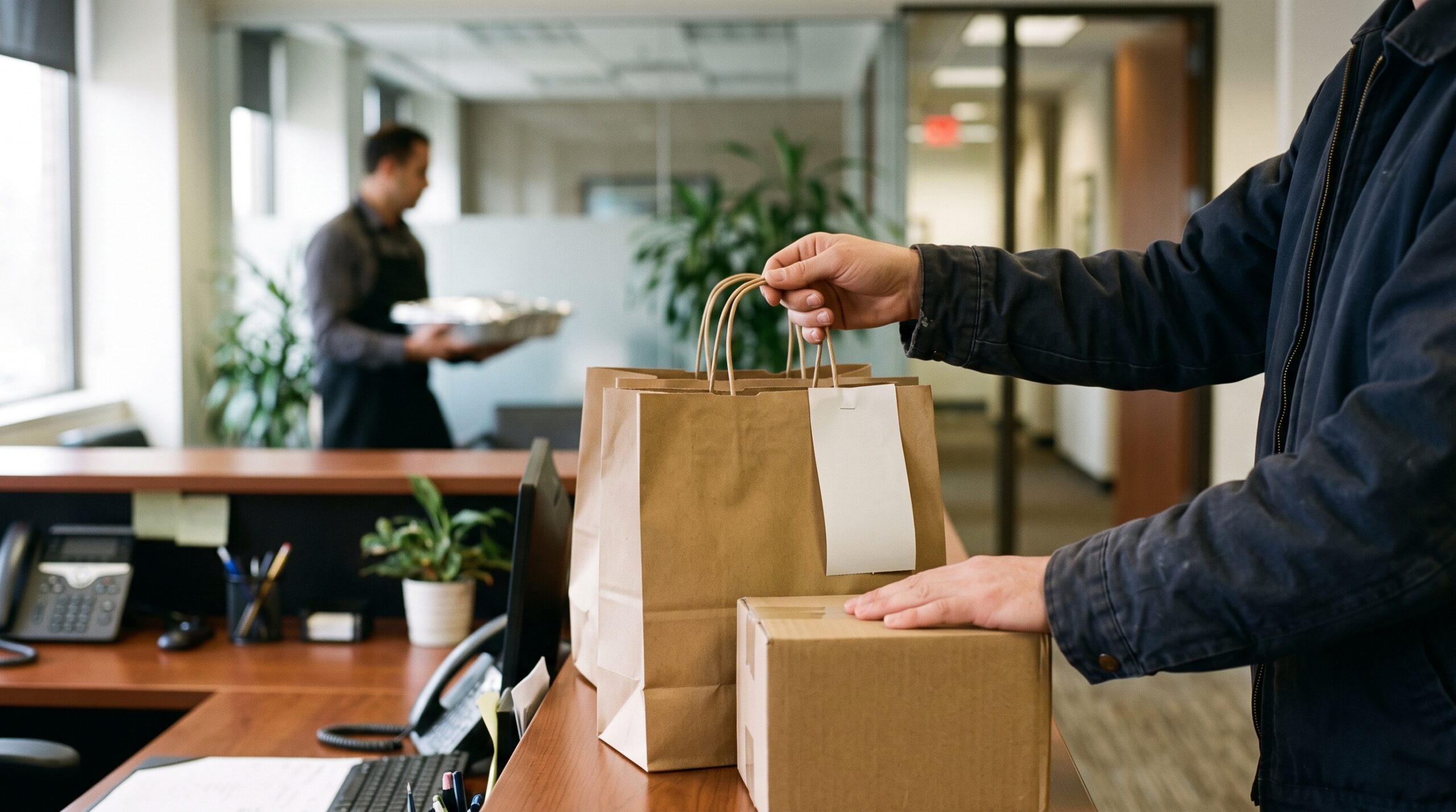 Delivery driver's hands setting bags on a reception desk while a caterer carries a covered tray behind