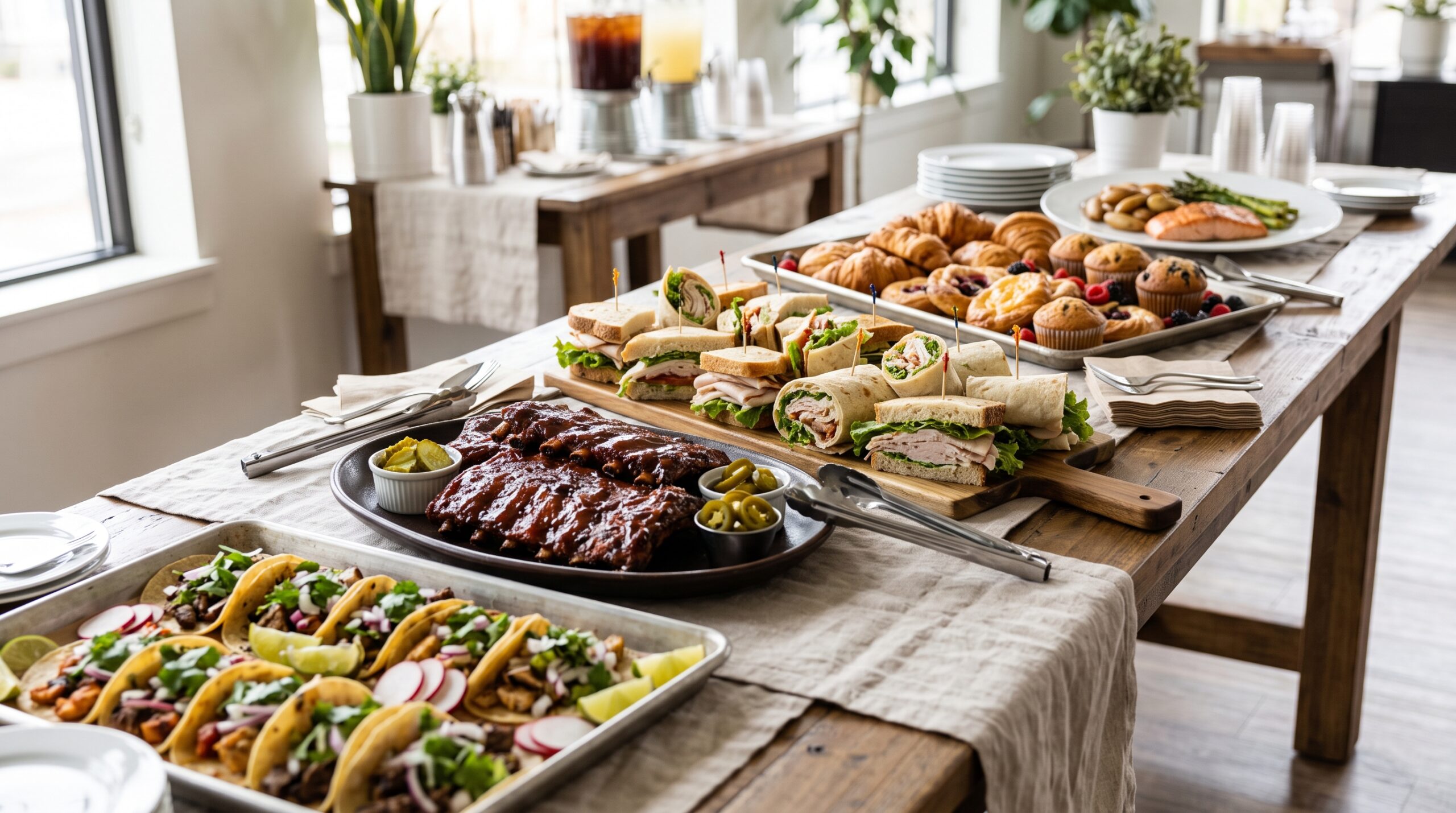 Row of street tacos, barbecue ribs, a sandwich platter, a pastry tray, and a plated dinner