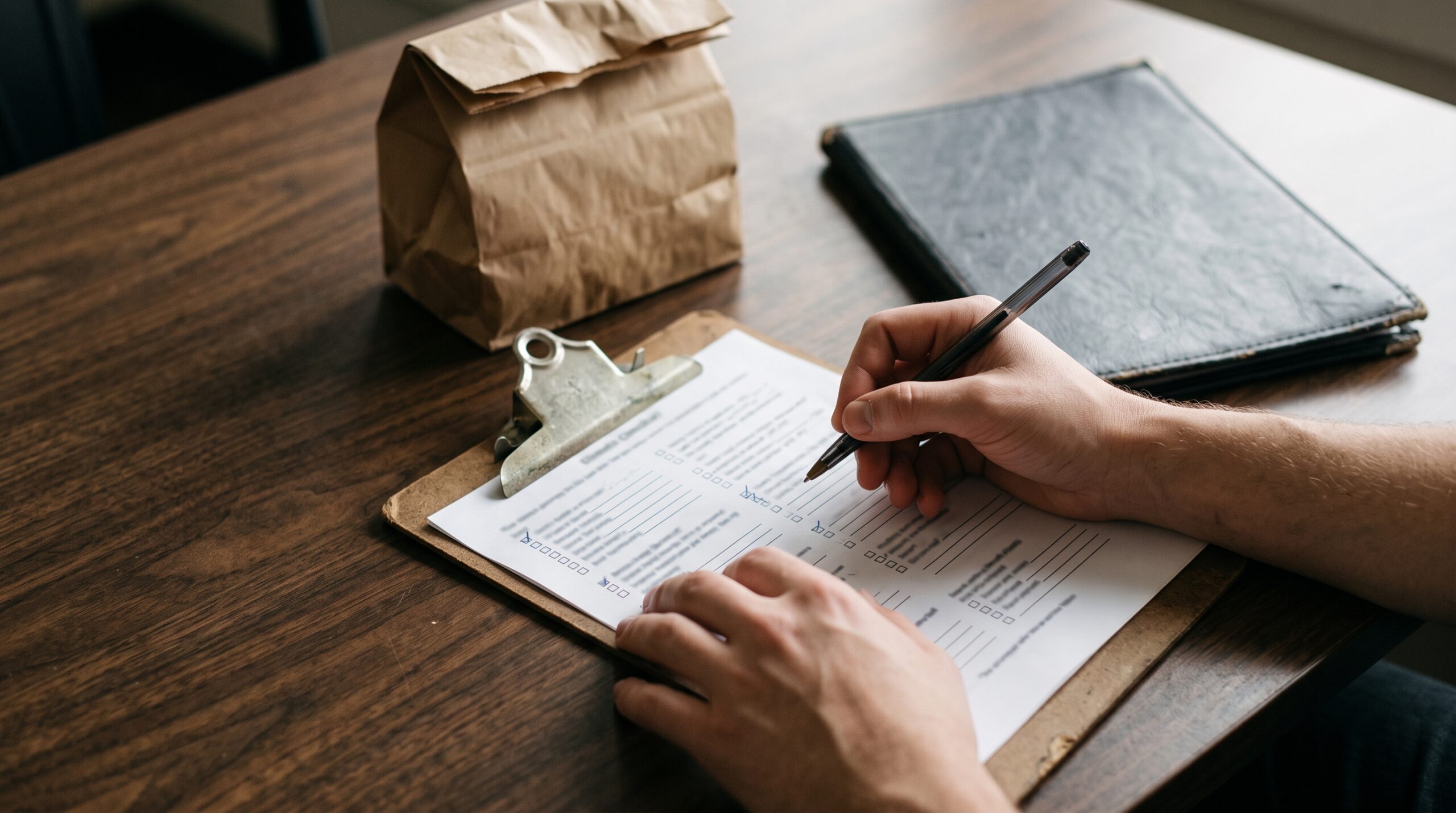 Hands holding a pen over a checklist on a clipboard beside a takeout bag and a menu folder