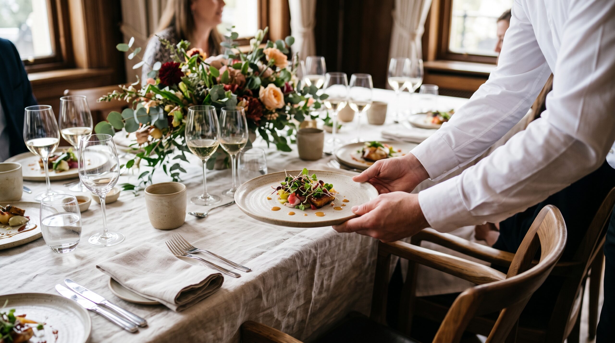 Elegant dinner table with plated courses, a floral centerpiece, and a server placing a plate