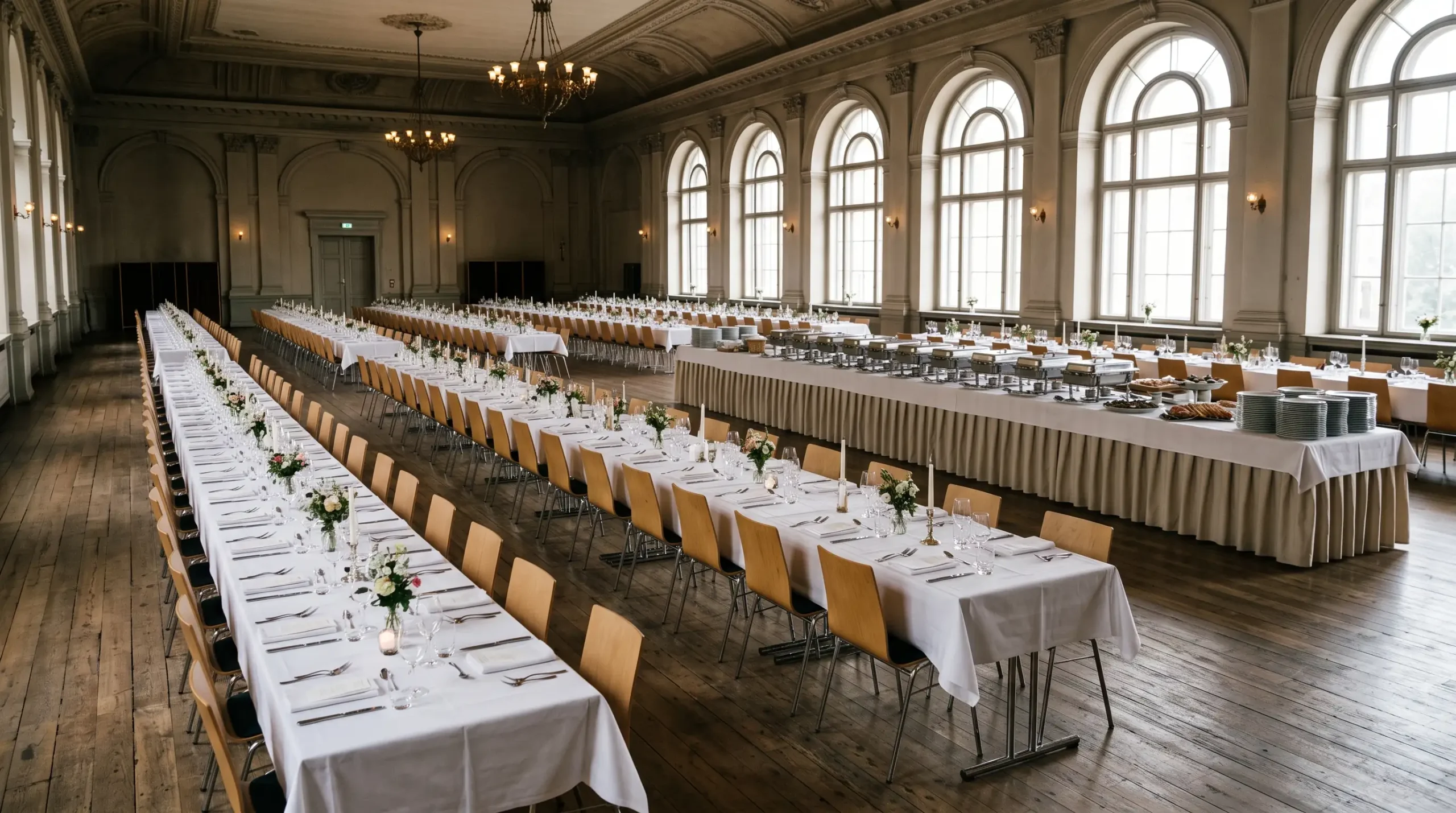 Large banquet hall with long rows of tables and a lined-up buffet ready for a big group