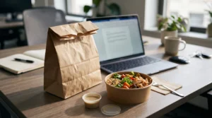 Takeout bag and bowl on an office desk next to a laptop at lunchtime
