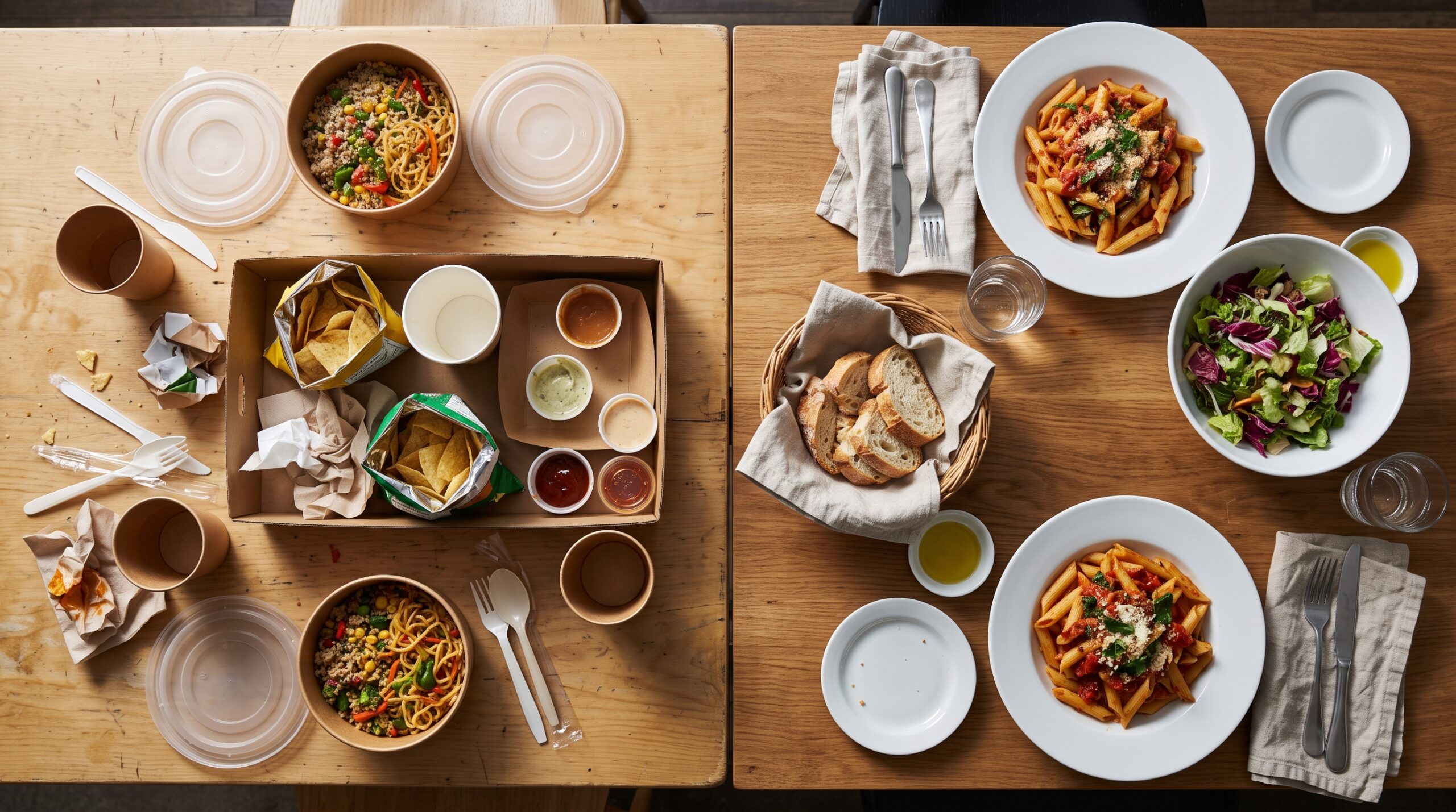 Overhead view of a takeout bowl lunch table beside a plated pasta and salad table