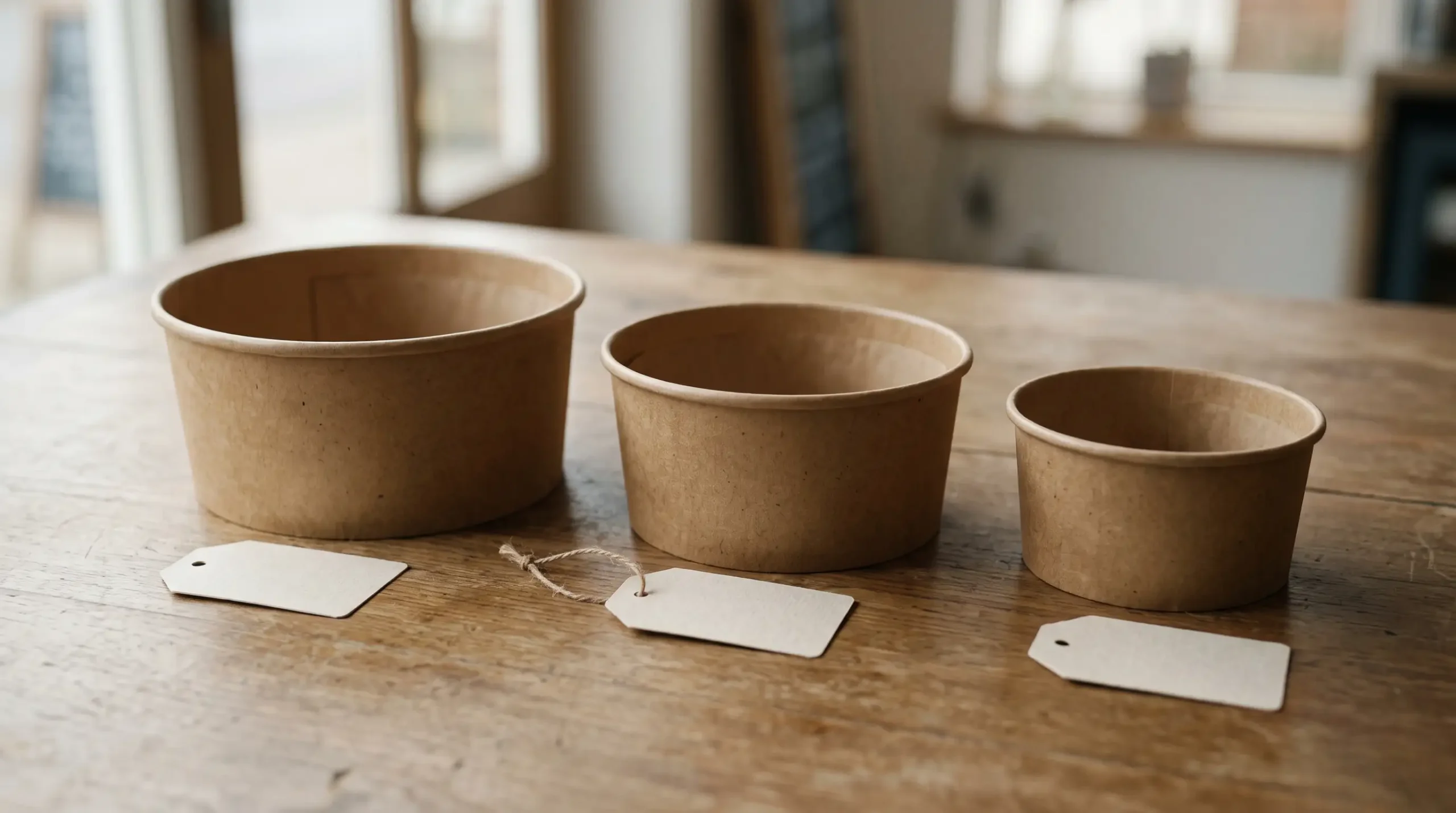 Three takeout bowls of different sizes on a table, each with a blank price tag