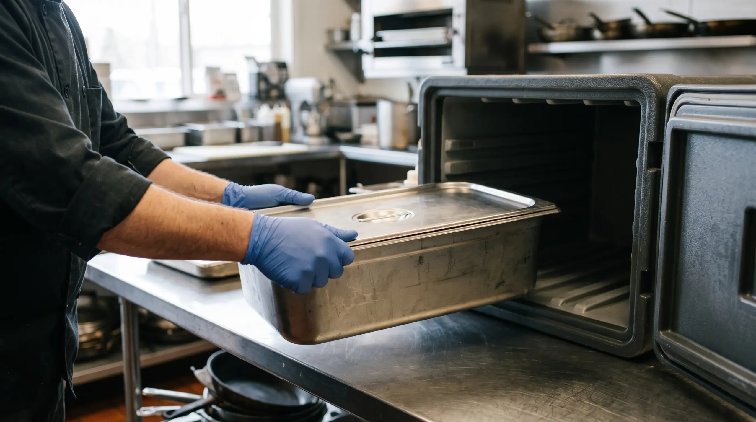 Chef's gloved hands loading a covered tray into an insulated carrier in a commercial kitchen